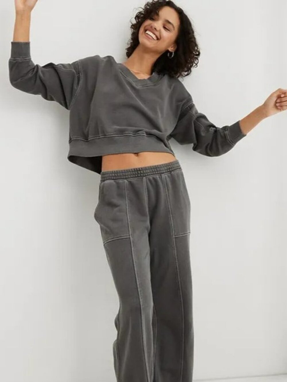 Aerie House Party V-Neck Sweatshirt, Charcoal Gray, XL